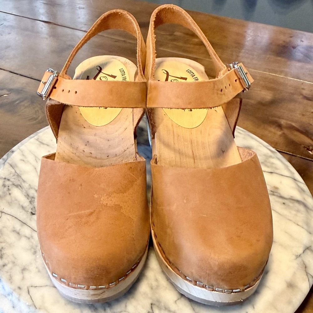 NEW Lotta from Stockholm Tan Wood Wooden Clog Sandals Leather Buckle Strap EU 38 - Picture 2 of 8